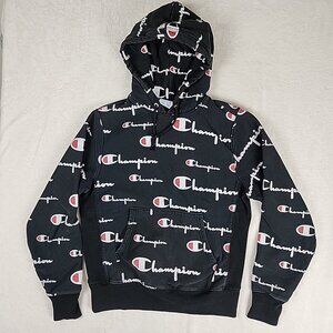 Vintage Reverse Weave Champion All Over Print Logo Black Hoodie Size Medium